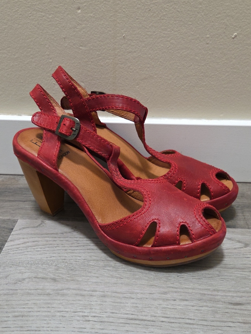 Fly London Red Leather Peep-Toe Slingback Heels